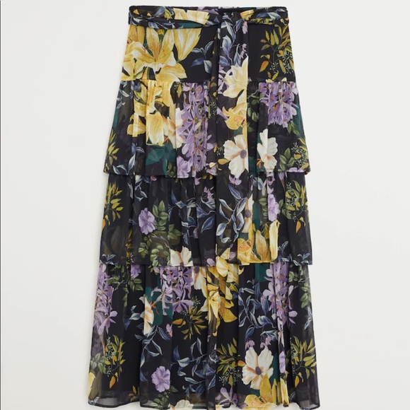 NWT Mango Flowy Floral Tiered printed skirt Midi Belted Chiffon Ruffle - Picture 3 of 12